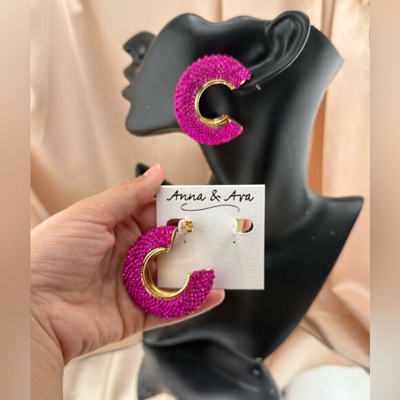 Anna & Ava Pink Crystal Crescent Hoop Earrings - Picture 6 of 7